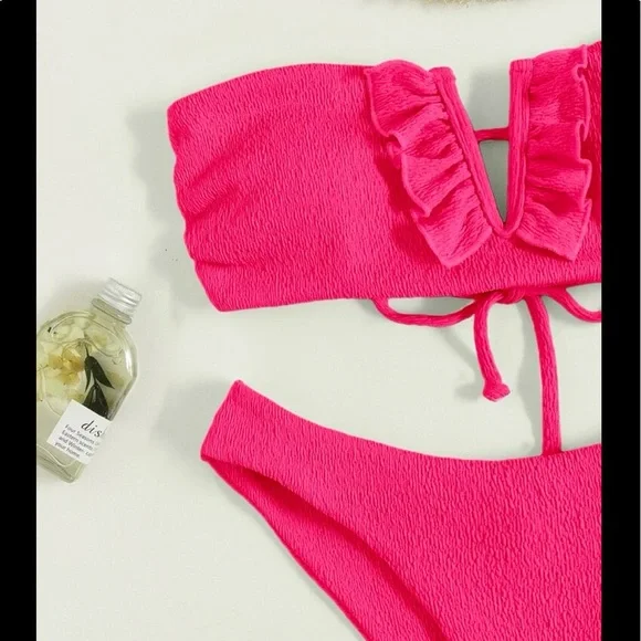 Sexy Hot Pink Ruffles V Neck Crisscross tie back Cheeky Bikini Swimwear Beach - Picture 4 of 6